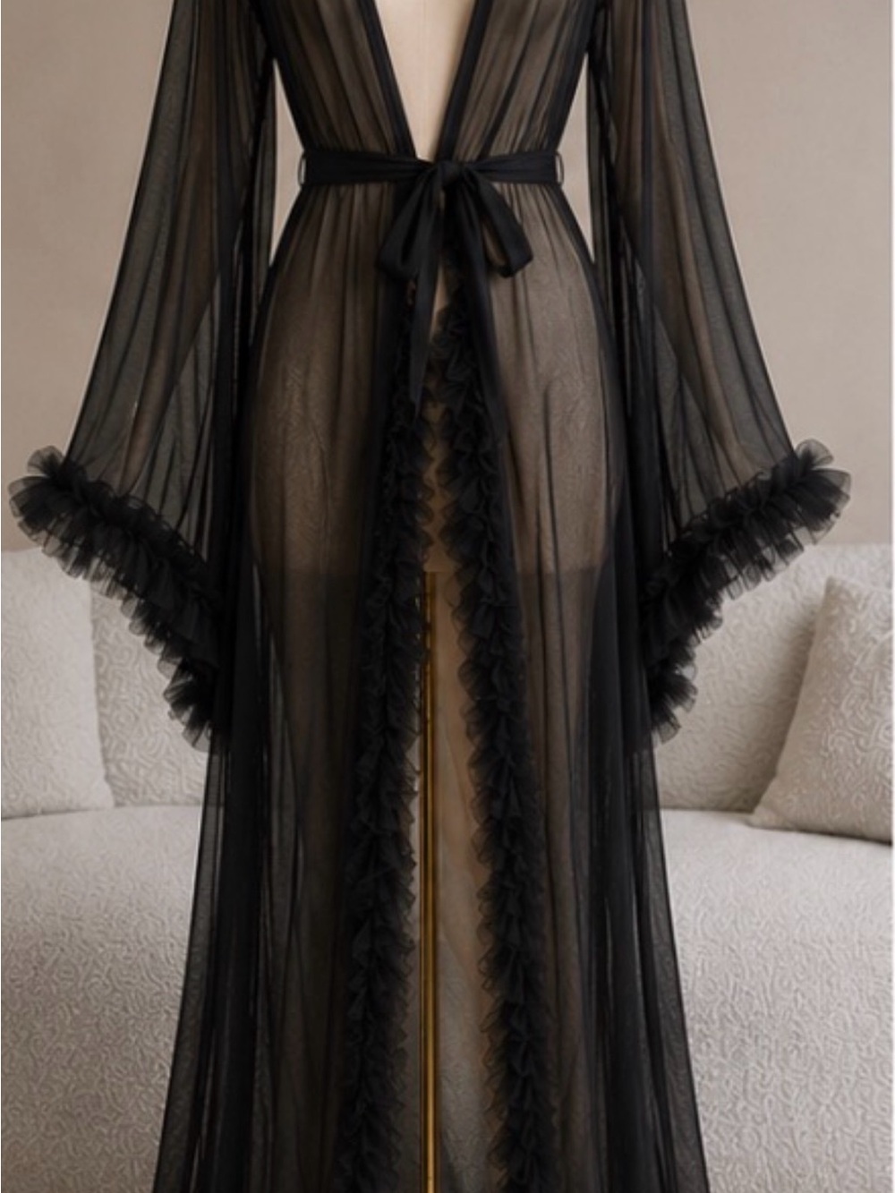 Sheer Black Ruffle Trim Long Mesh Robe - Women's Intimates - Picture 3 of 3